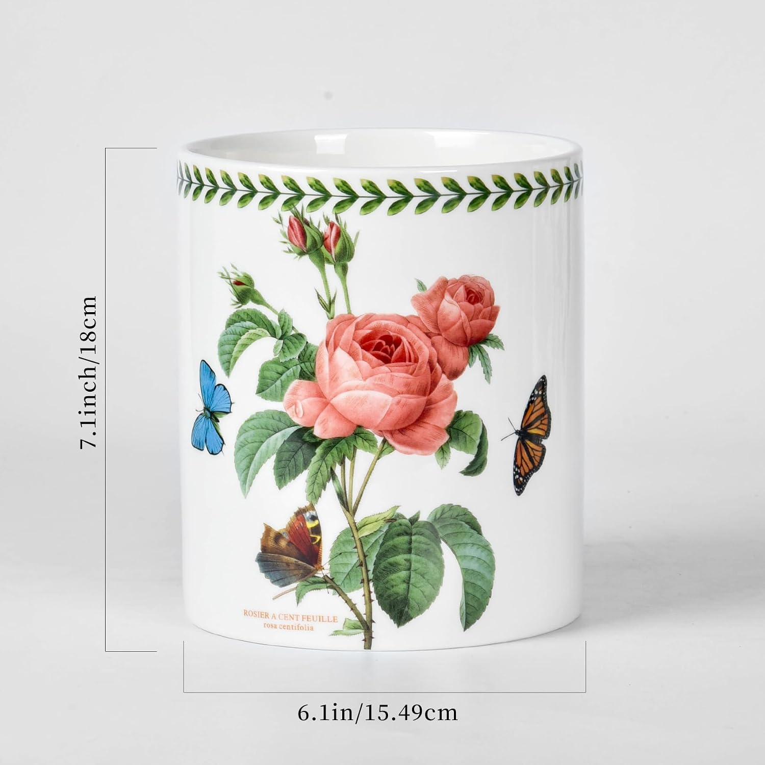 Floral Kitchen Utensil Holder, 7.1 Inch Large Ceramic Crock, Sunflower Pattern, White Kitchen Counter Organizer (pink rose)