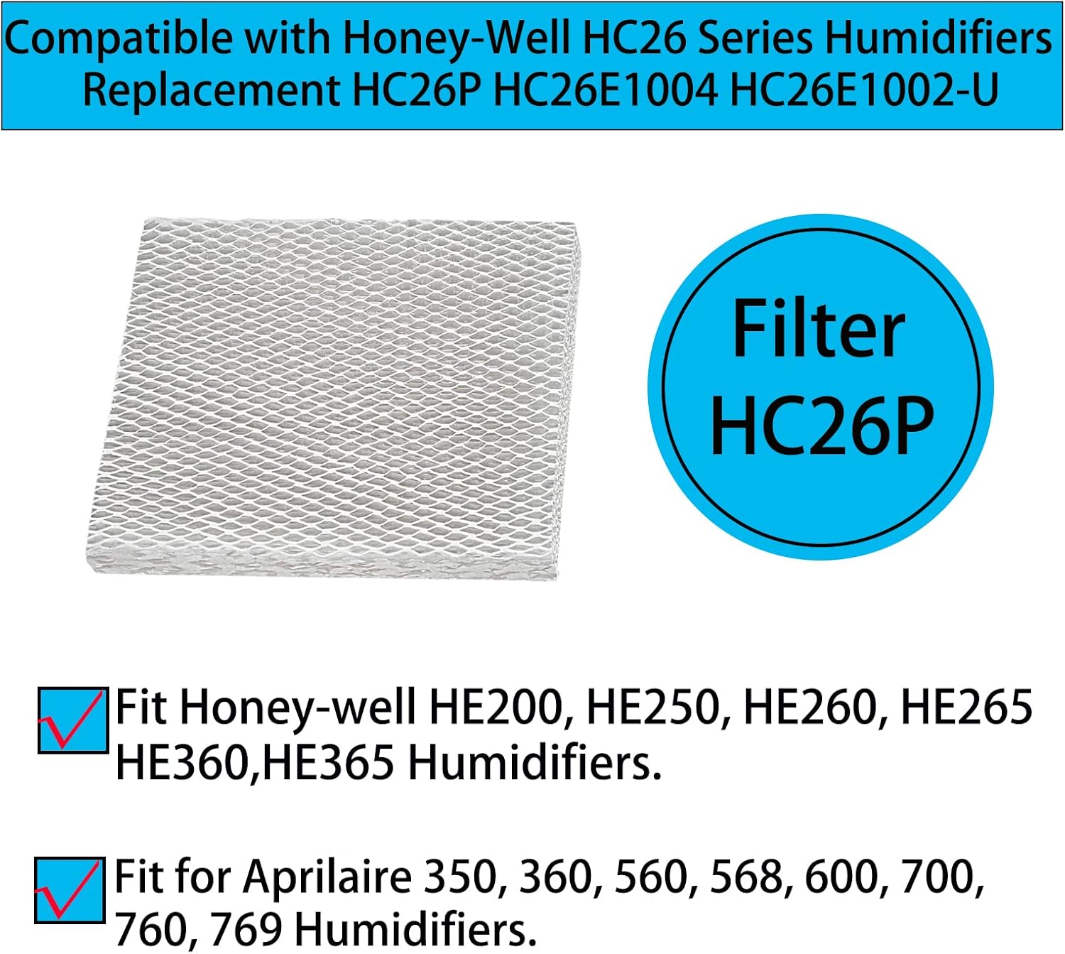 HC26 Humidifier Wick Filters Pad Replacement for Honey-Well HC26P HC26E1004 HC26E1002-U HC26A1008 Fit for HE260 HE265 HE360 HE365, Aprilaire 350 360 560 568 600 700 760 769-3 Pcs