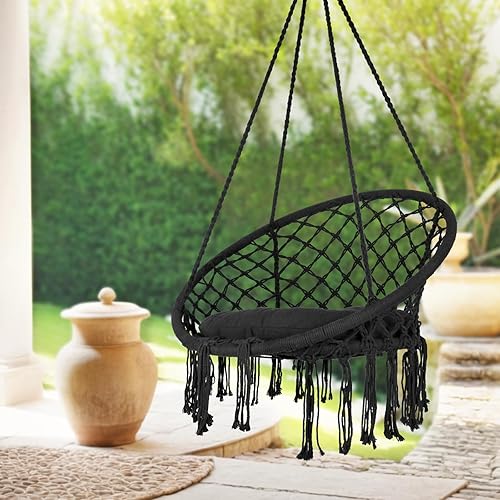 Miniatura 2 de Silla colgante tejida a mano de cuerda de algodón, silla hamaca, máximo 330 libras, silla de columpio de cuerda de malla tejida hecha a mano para,