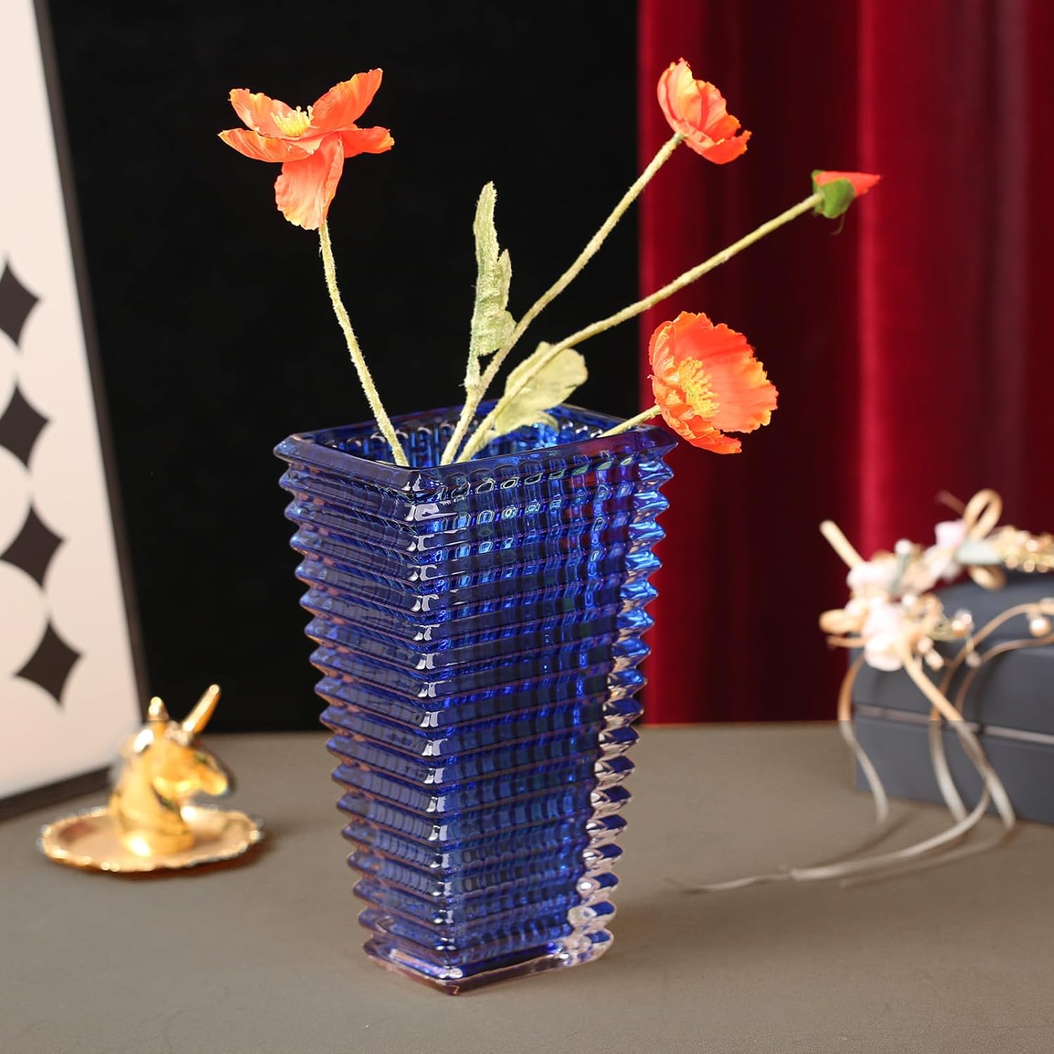 Crystal Glass Vase,Blue Square Block Flower Vase Decor for Home Dining Table Living Room Centerpiece,Office Wedding Holiday Party,Handmade Decorative Flower Vase - Image 6
