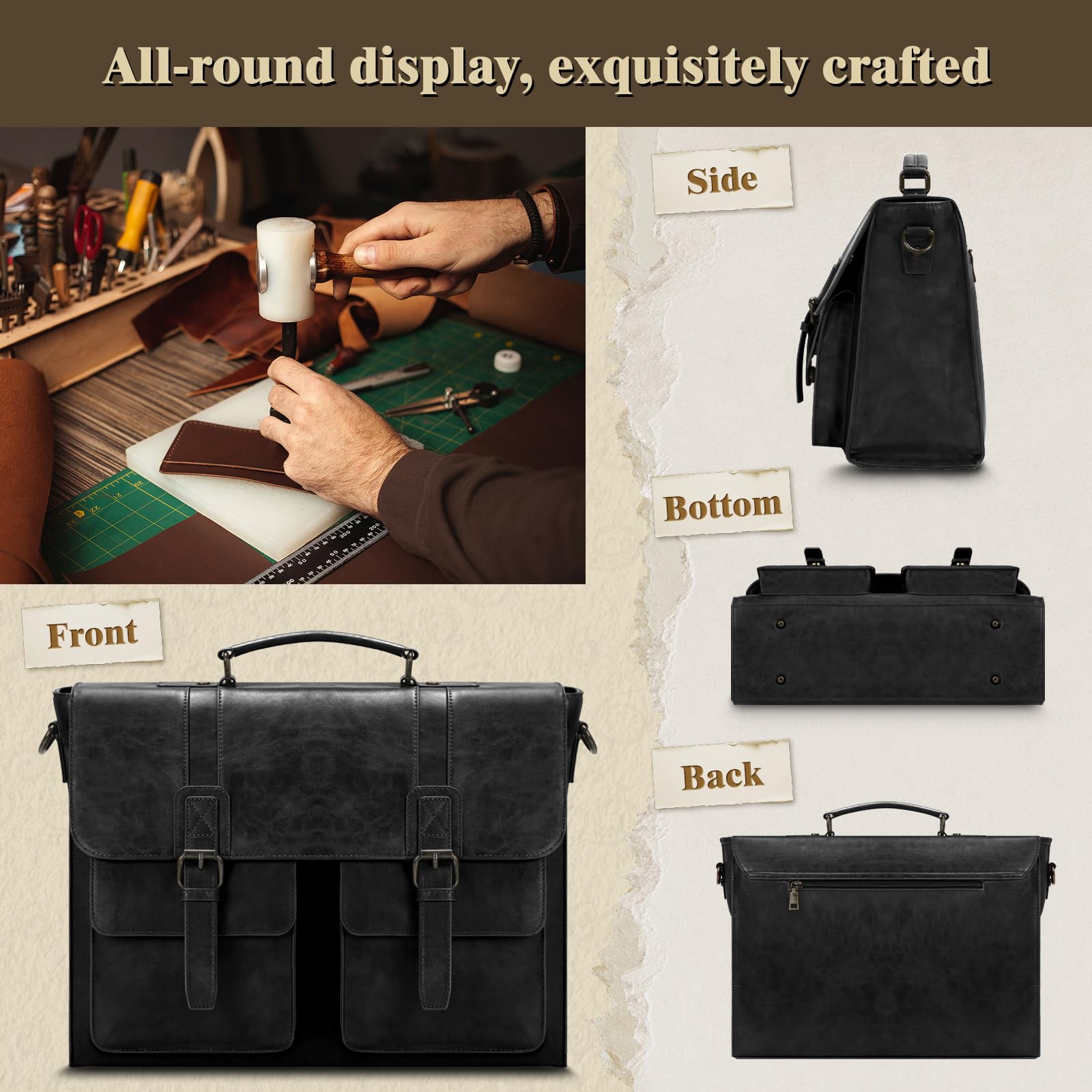RAINSMORE Borsa Lavoro Uomo PU Pelle Borsa Porta PC 15.6 Pollici Impermeabile Porta Computer Portatile Tracolla per Università Ufficio Nero