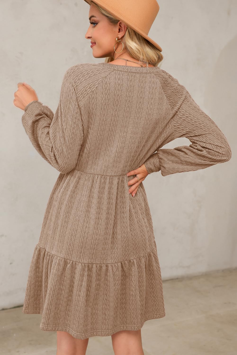 Dokotoo Fall Dresses for Women 2025 Long Sleeve V Neck Textured Casual Lightweight Tiered Ruffle A-Line Mini Babydoll Dress - Image 4