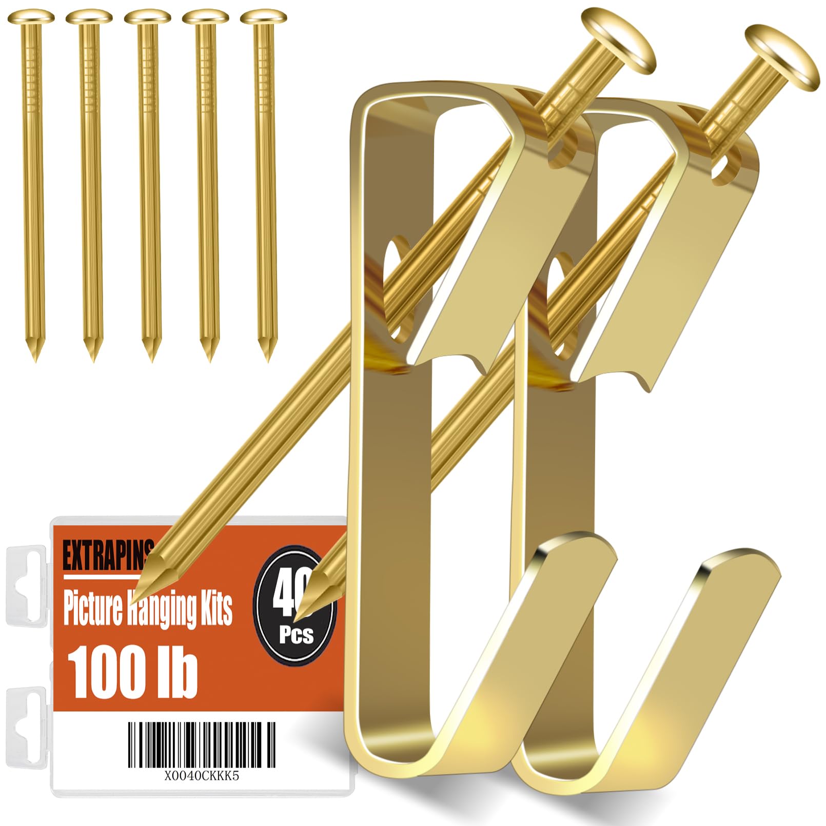 Picture Hanging Hooks,40Pcs 100 lb Picture Hangers with Nails,Heavy Picture Hanging Kit for Drywall Wooden Wall,Hooks for Hanging Pictures for Canvas Office Pictures House Decoration(Gold)