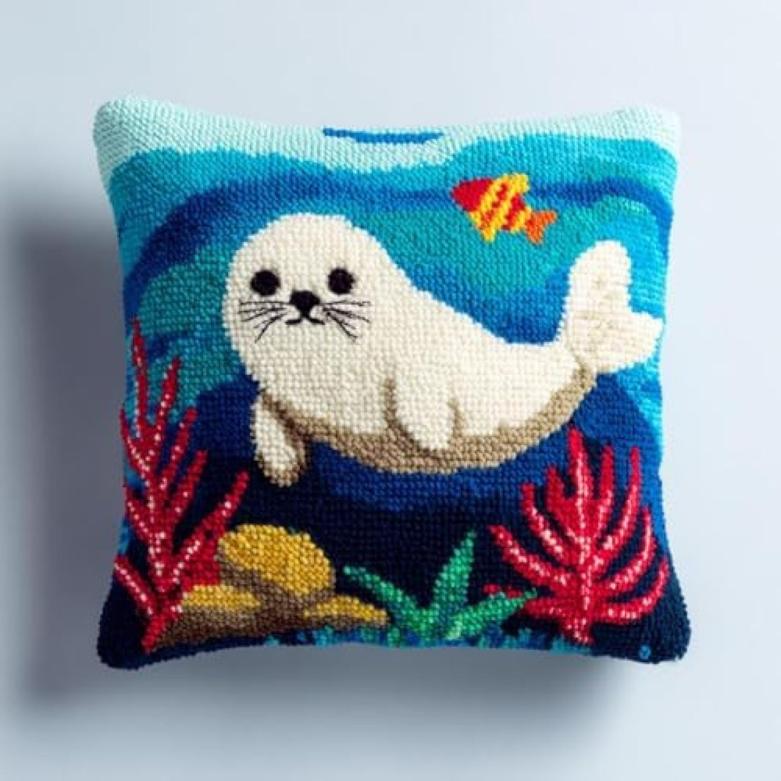 kitphoenix Adults Latch Hook Craft Kit,Cute Seal in Sea,Cushion Cover Making Kit with Yarn and Hook,DIY Embroidery Pillow Cover Set,43x43 cm