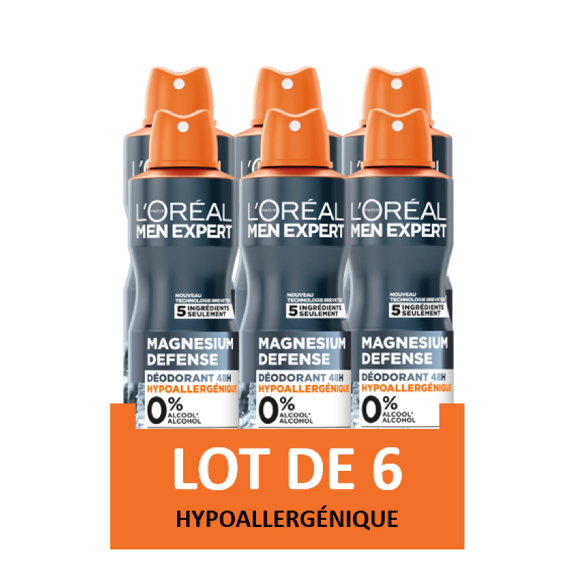 L'Oréal Paris Men Expert Magnesium Defense Desodorante Spray 48h Hipoalergénico 150 ml (paquete de 6)