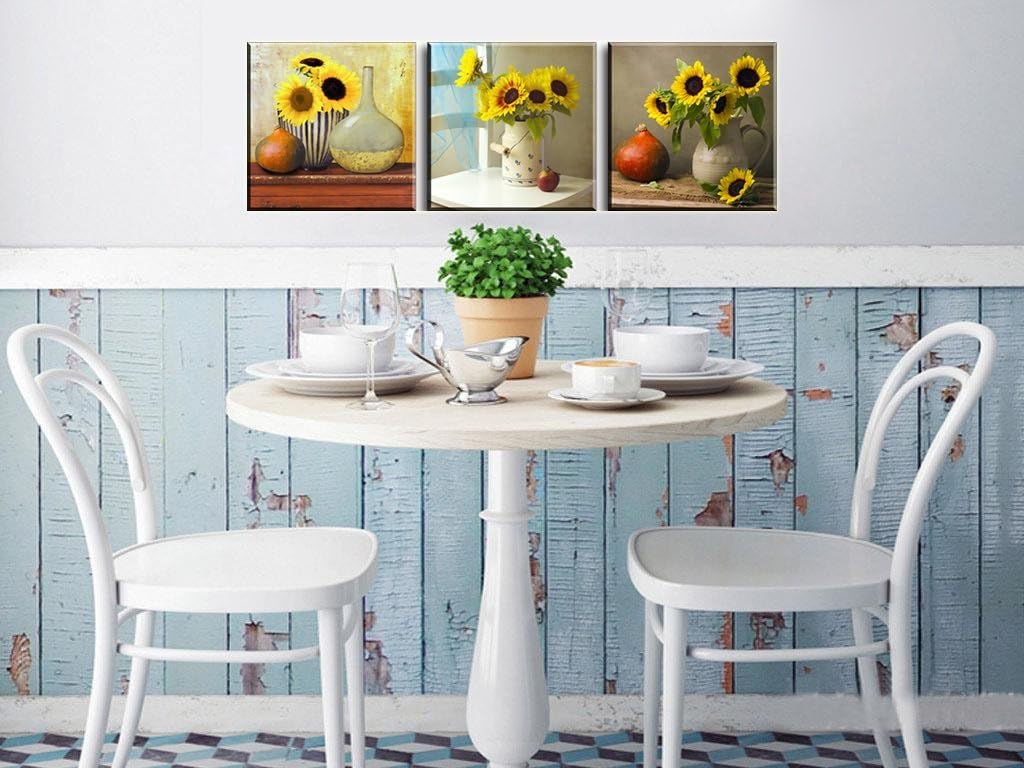 Sunflower Kitchen Wall Decor, SZ HD Still Life Oil Painting Canvas Art Prints of Bright Blooming Floral Illustration (Set of 3, Waterproof Artwork, 1" Thick Frame, Bracket Mounted Ready to Hang)
