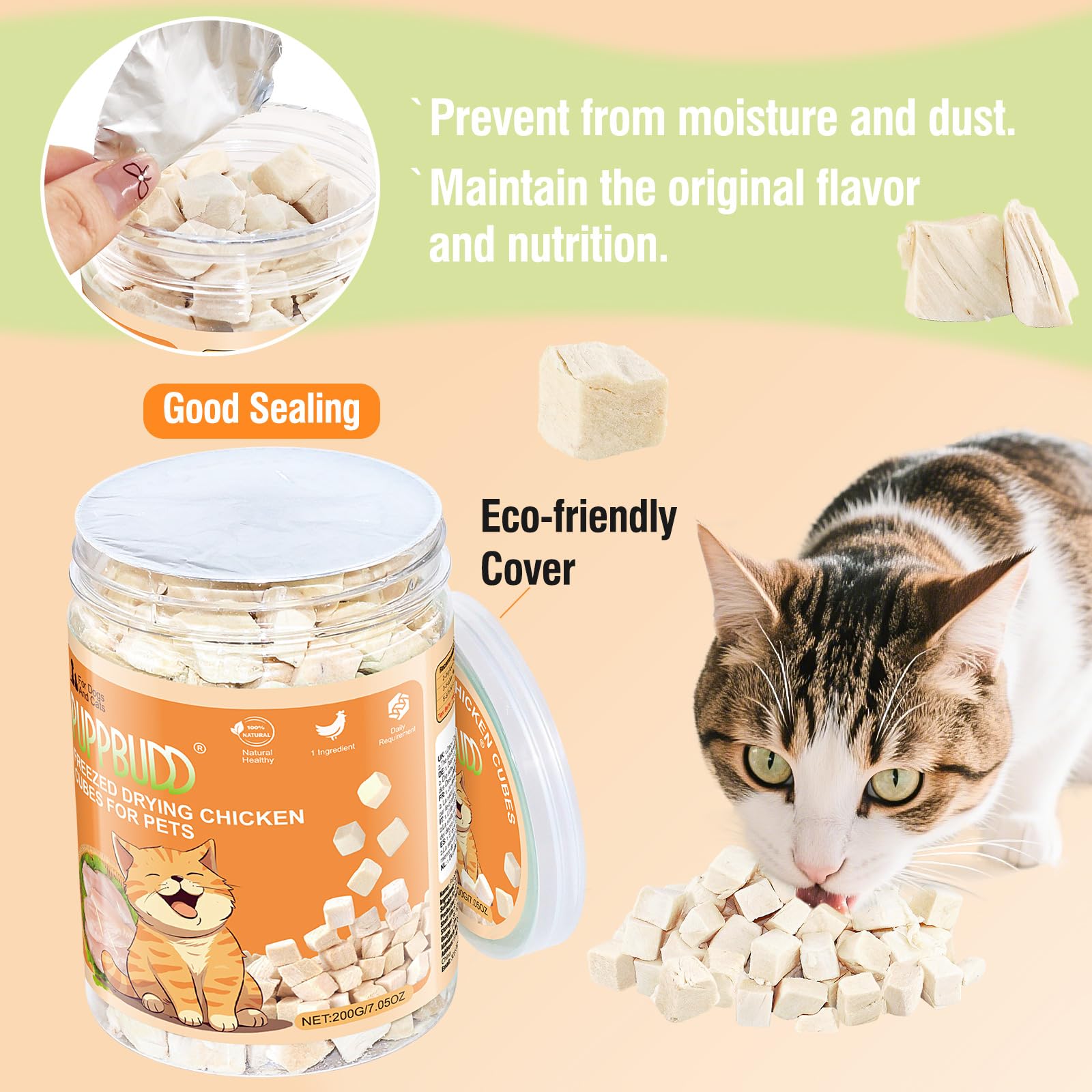 Snack Liofilizado de Pollo para Gato de Interior, Crujientes Snack para Gatos Perros, Golosinas para Gatos Icas en Proteínas