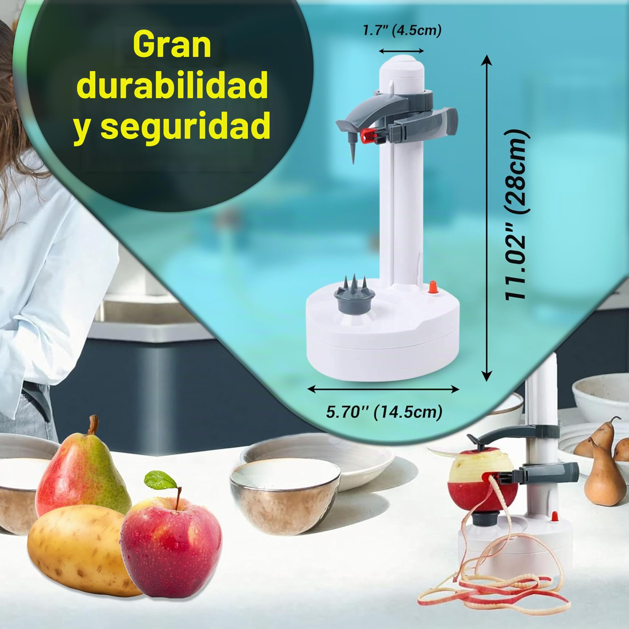 ARSUK Peladora eléctrica multifunción Peladora de Manzana giratoria automática Peladora de Patatas Máquina de Corte de Verduras Herramienta de pelado de Cocina de Acero (Blanco)