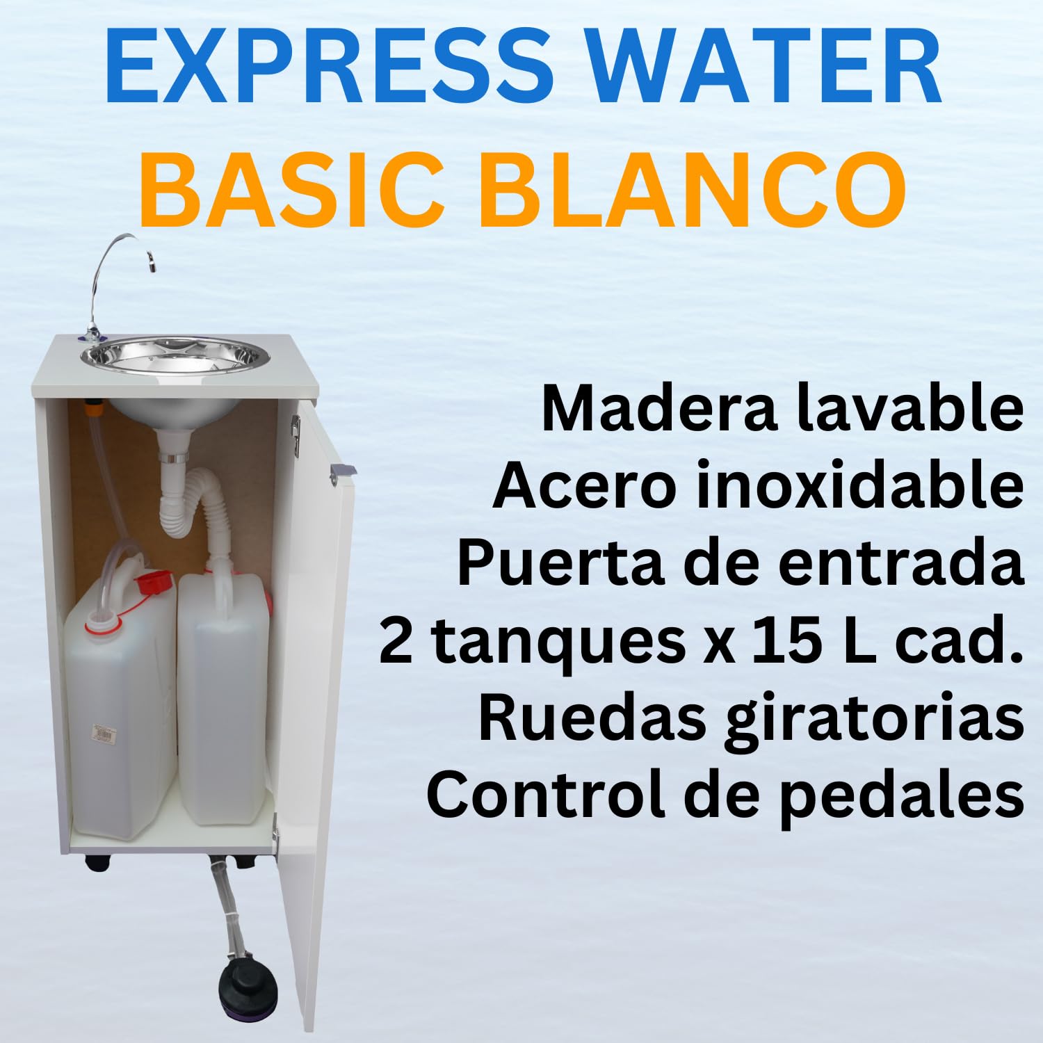 Express Water Basic Blanco, Fregadero para Lavabo, Portátil Autónomo Transportable, con Depósito de Agua, en Acero Inoxidable, con Mando por Pedal, Certificado, para Comercios y Consultorios Médicos