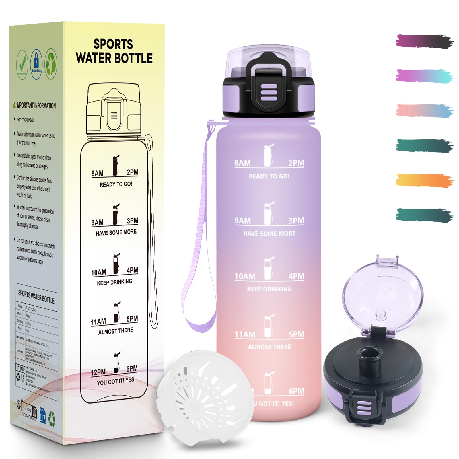 Mulbijeo Trinkflasche 1L, Auslaufsicher mit Zeitmarkierung, Trinkflaschen mit Filter, Trinkflasche Kohlensäure Geeignet, Wiederverwendung, Wasserflasche für Fahrrad, Outdoor, Yoga, Fitness