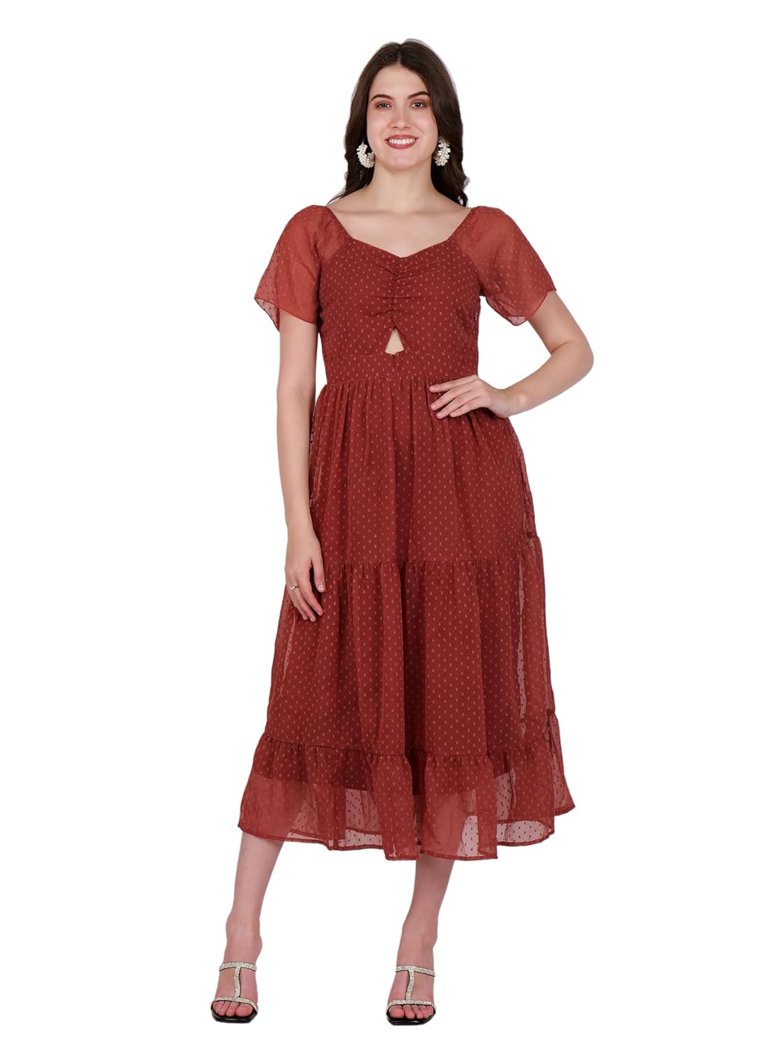Hiza Women’s Dobby Georgette Fit and Flare Midi Dress | Sweetheart Neck Half Sleeve Solid Casual Midi Dress for Girls and Womens Hiza Women’s Dobby Georgette Fit and Flare Midi Dress | Sweetheart Neck Half Sleeve Solid Casual Midi Dress for Girls and Womens