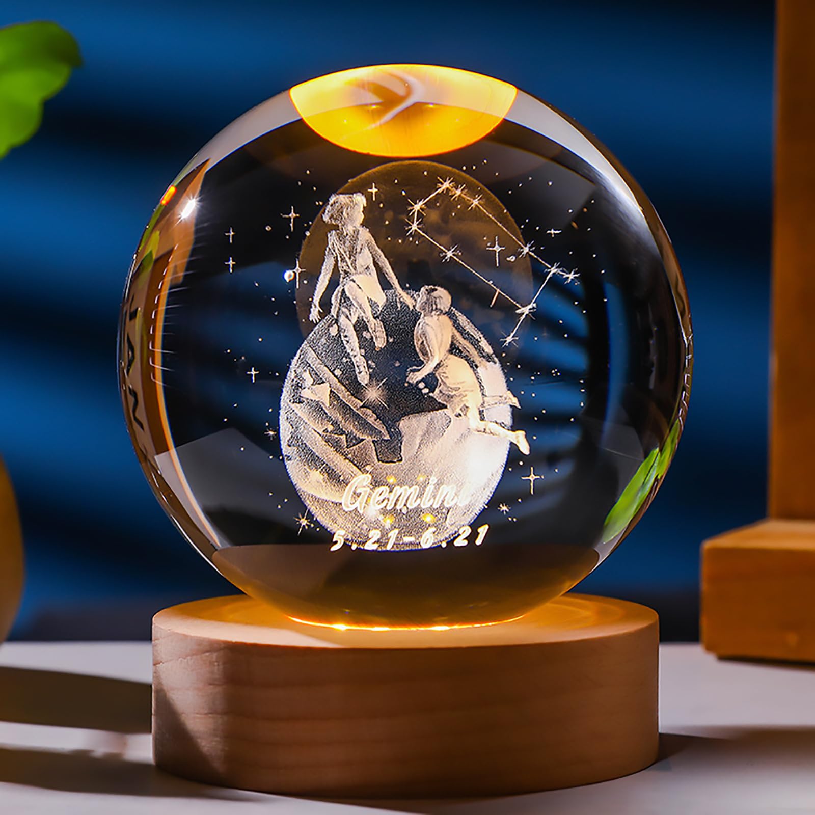 3D Laser Engraved Crystal Ball 80 mm Zodiac Crystal Ball with Solid Wood Stand Gift Box Home Decorative Accessories Creative Gifts (Gemini)
