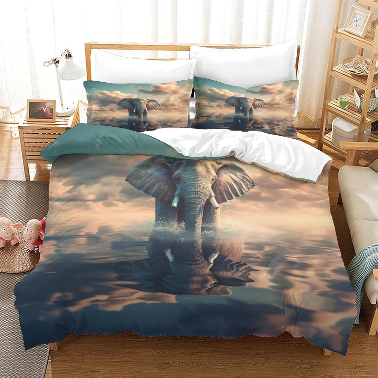 P1S9U7W5Y Nature 3D Printed Elephant Pattern 3 Piece Duvet Cover Set Microfiber Bedroom Decor Elephant Bedding Set for Adults Teens Soft Breathable All Seasons Double（200x200cm）