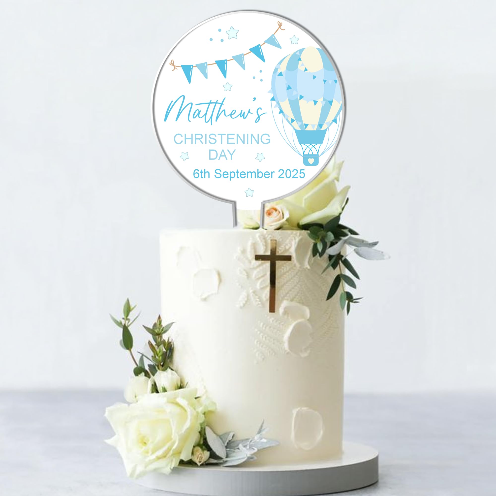 Personalised Acrylic Cake Topper for Religious Celebrations β Communion, Confirmation, Christening - Custom Childβs Name & Date with Hot Air Balloon Design (Christening, Blue)