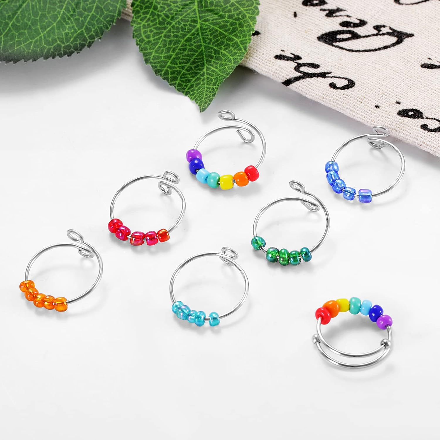 7PCS Adjustable Spinner Ring Fidget Ring, Stainless Steel Finger Ring with Beads Stress Relief Ring for Women