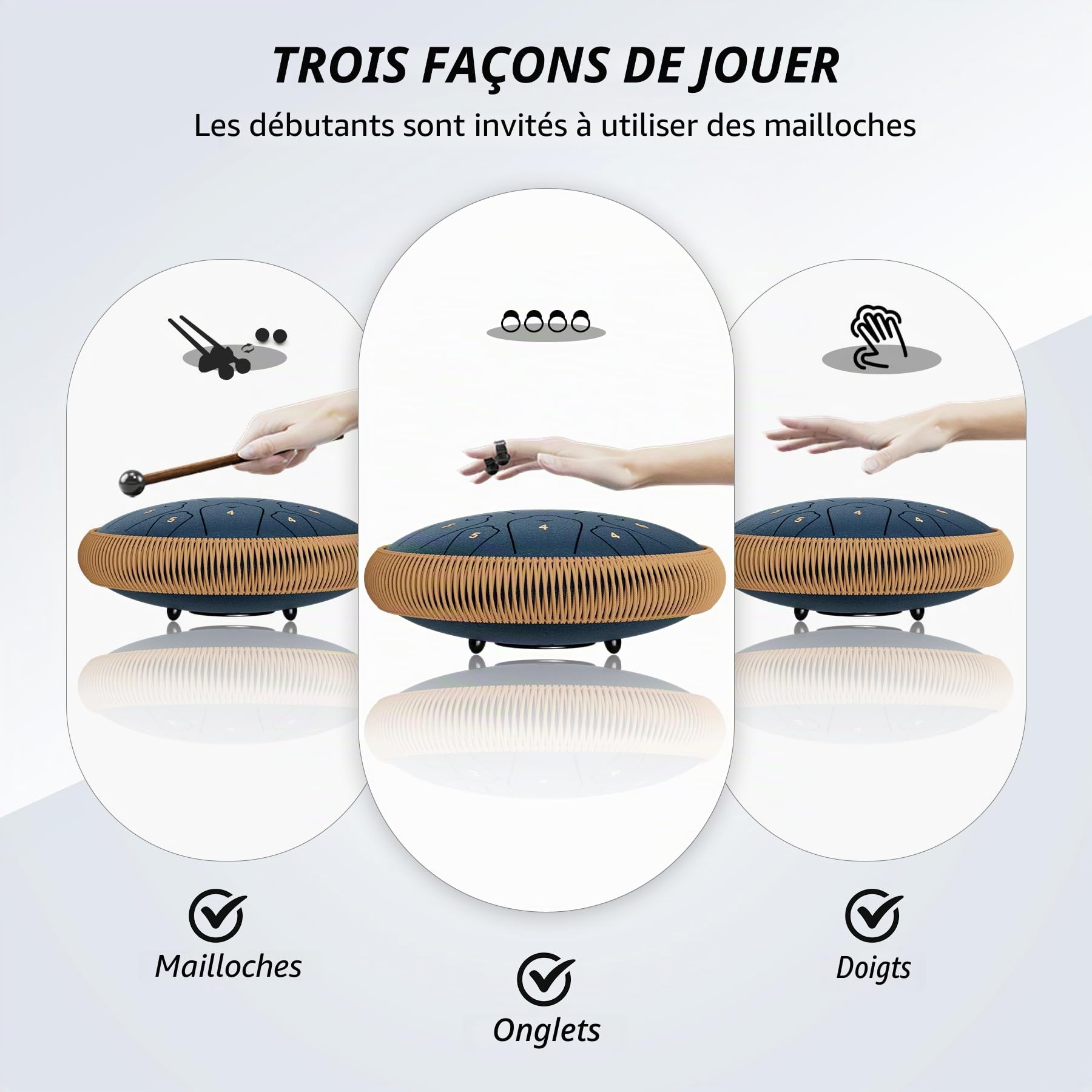 Tambour à langue en acier de 33 cm à 15 notes, instrument de percussion en do majeur, tambour à main avec livre de musique, maillets de batterie et sac de transport (bleu marine)