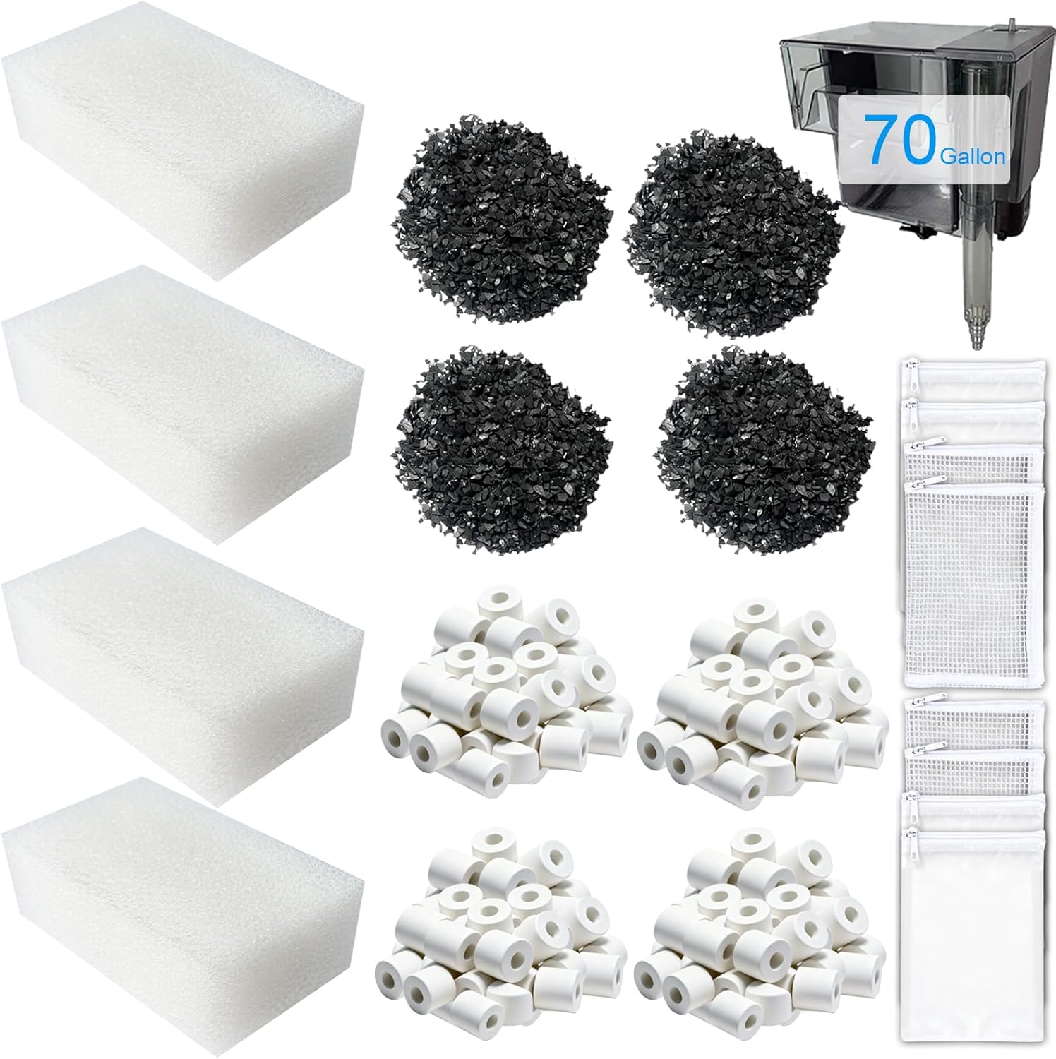 4 Set Aquarium Filter Media Replacement for AquaClear 70 Power Filter- Bio Foam, Activated Carbon & Ceramic Rings for 40 to 70 Gallon Aquariums