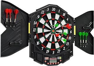GYMAX Electronic Dart Board Set, Professional Hanging Dartboard with 12 Soft Tip Darts, Cabinet and LED Display, Aileron Target Dartboards for Kids Adults