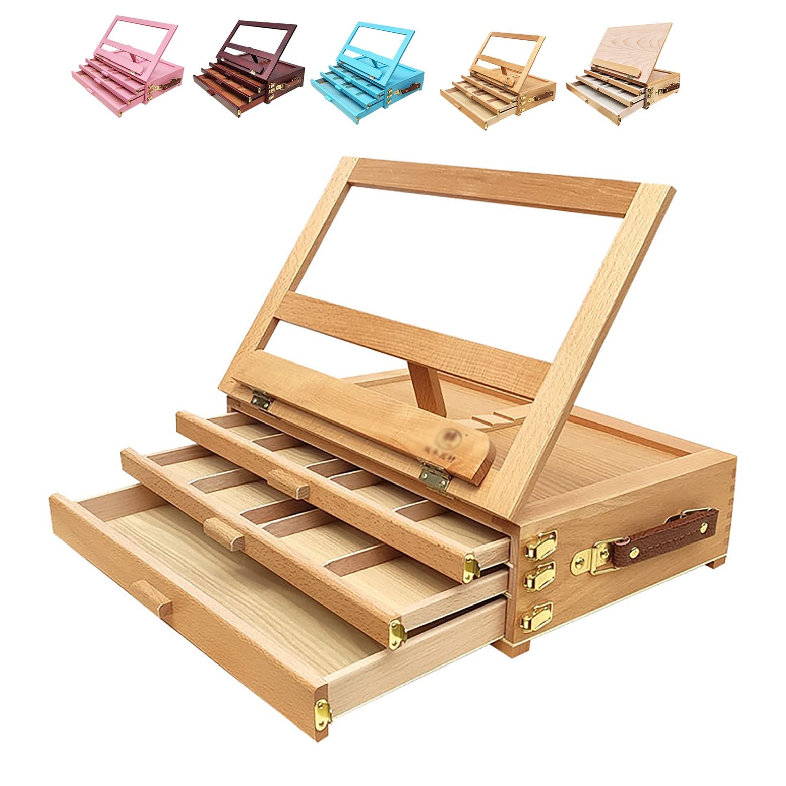 HADECOLL Strong And Durable Three-Tier Drawer Desktop Sketch Easel Storage Picture Box 40X27X13Cm Premium Beechwood Adjustable Easel,4 Different Angles,For Portable Sketching,D