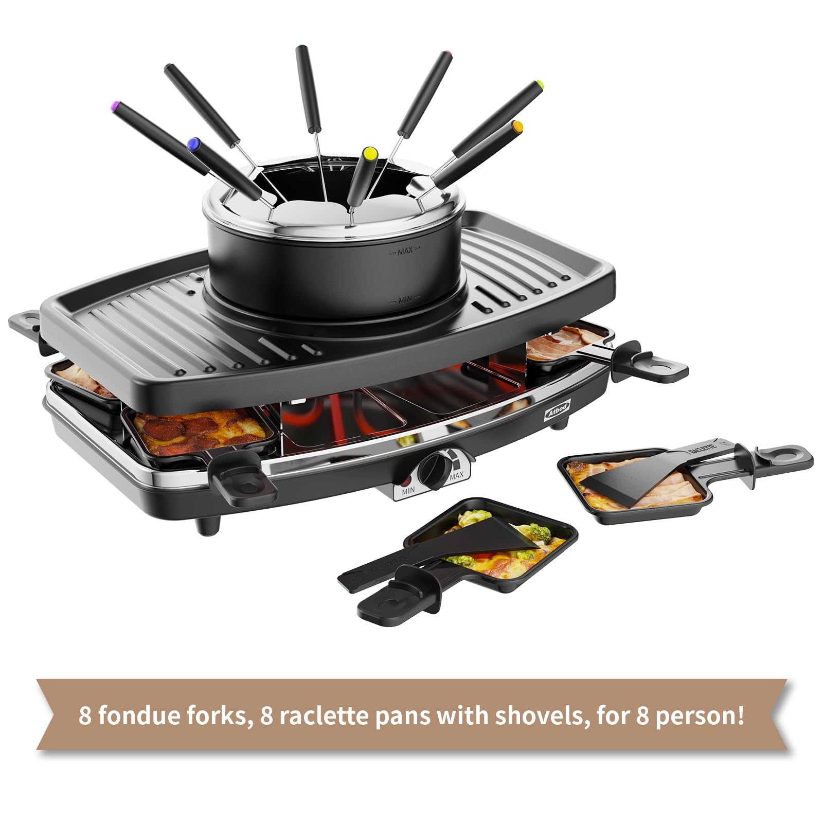 Elektryczne zestawy garnków do fondue, elektryczny grill stołowy do raclette, dla 8 osób, regulowana regulacja temperatury i 8 wioseł, idealny na imprezy i rodzinną zabawę