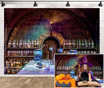Leowefowa 5x3ft Vinyl Chemistry Laboratory Background Scary Halloween Backdrop Spooky Witch Black Magic Lab Photography Background Halloween Party Decor Horror Halloween Background Studio Props