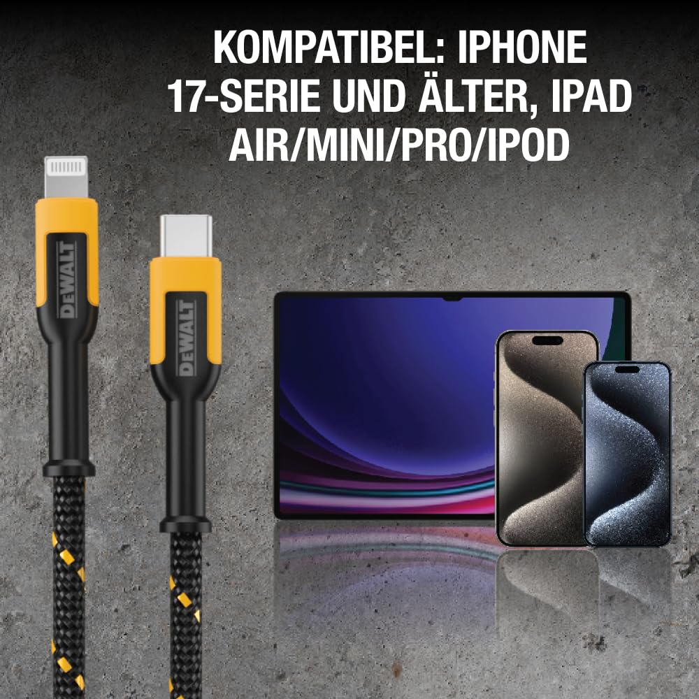 DEWALT Heavy Duty 2er-Pack USB-C zu Lightning Kabel 1,2 m, Apple MFi Zertifiziertes iPhone Schnellladekabel, Kompatibel mit iPhone 14/13/12/11/Pro Max/XR/XS/8