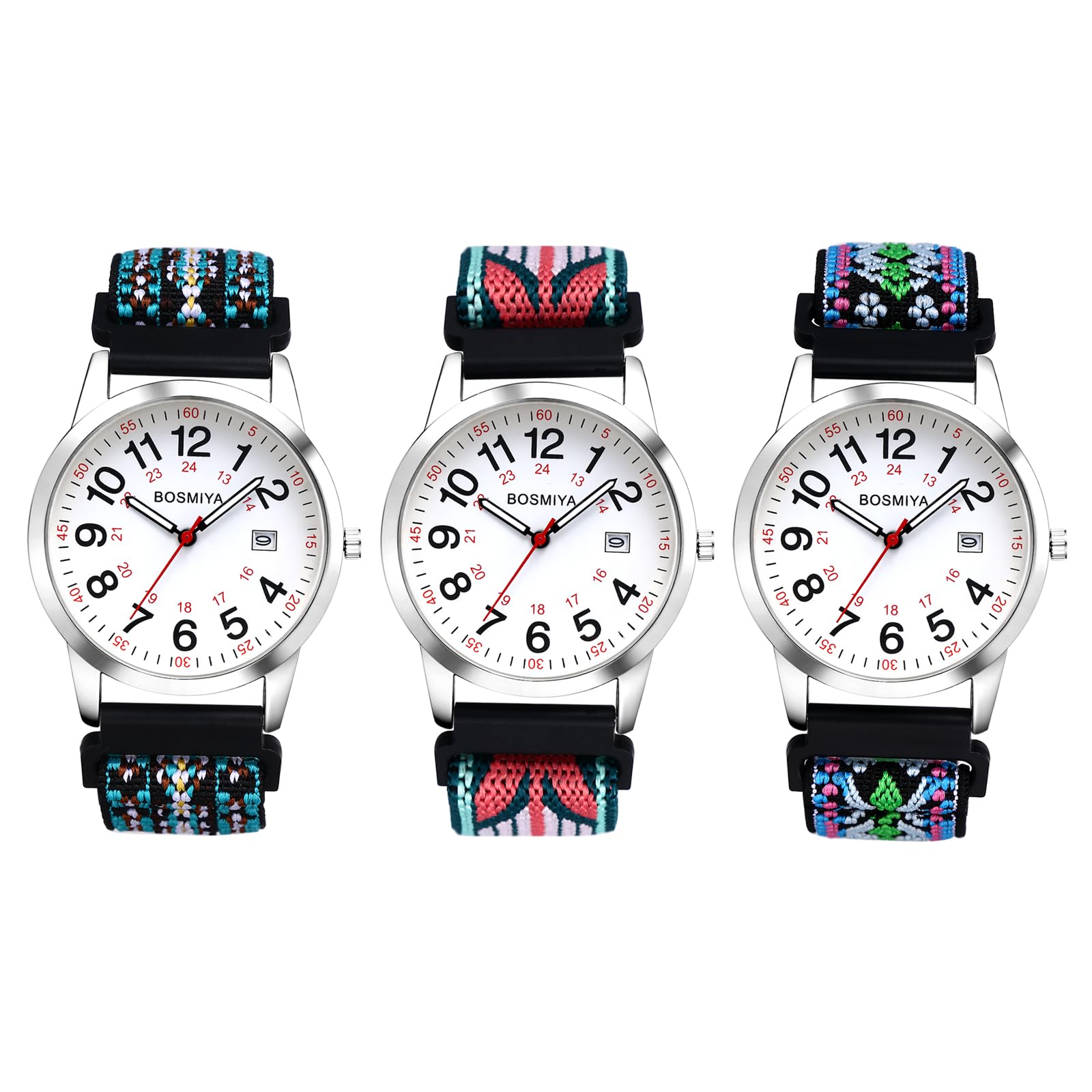JewelryWe Orologio da Polso in Tessuto da Unisex: Orologio Cinturino Elastico Regolabile con Calendario Facile da Leggere Lancetta dei Secondi e 24 Ore