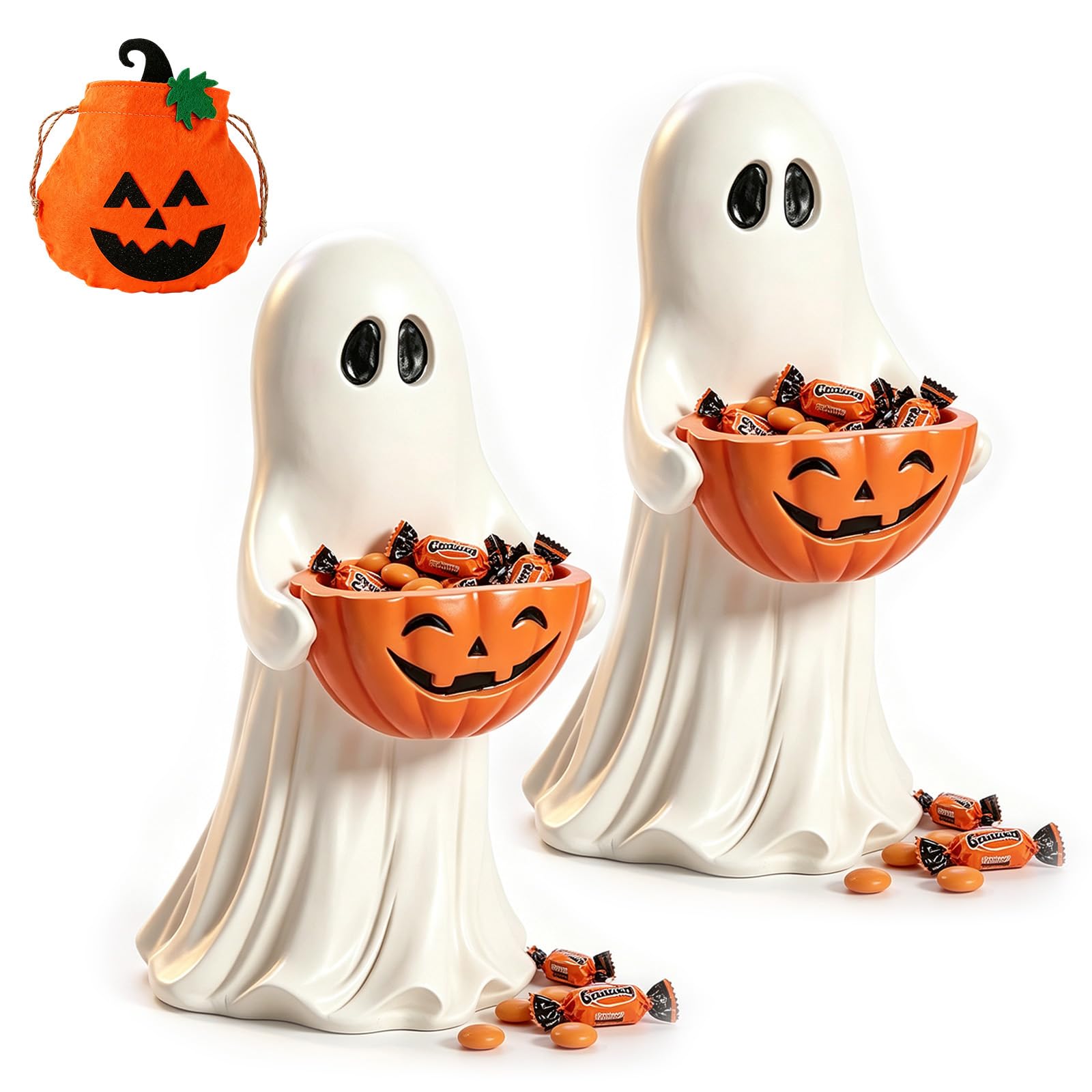 14 Inch Resin Ghost Statue with Pumpkin Candy Bowl, Halloween Décor (2PCS)
