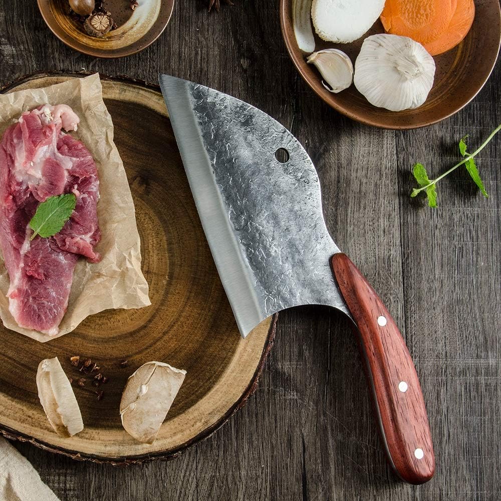 MAYiT Meat Cleaver Knife, Handmade Forged 7 Inch Kitchen Knife Rosewood Handle Multi-function Chinese Meat Cleaver Slicing Tool Household Accessory