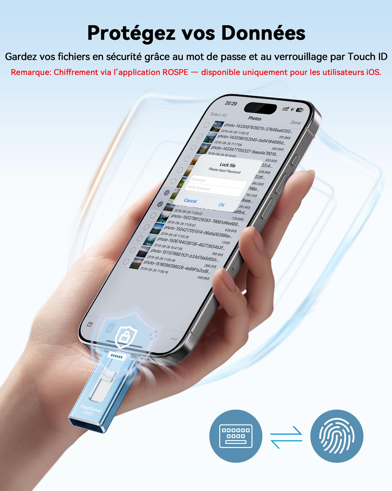 SUDEHO Clé USB-C 256 Go, Clé USB iPhone, MFi Certifiée (Bleu) | Design 3 en 1 pour iPhone, iPad, USB-C, Android et PC. Transfert haute vitesse de photos, vidéos et fichiers.