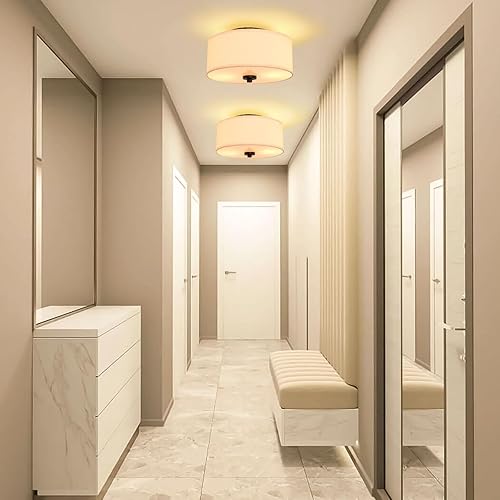 Miniatura 6 de Lodstob Lámpara de techo empotrada de 2 luces, moderna de 12 pulgadas con pantalla de tambor de tela beige, lámpara colgante redonda para