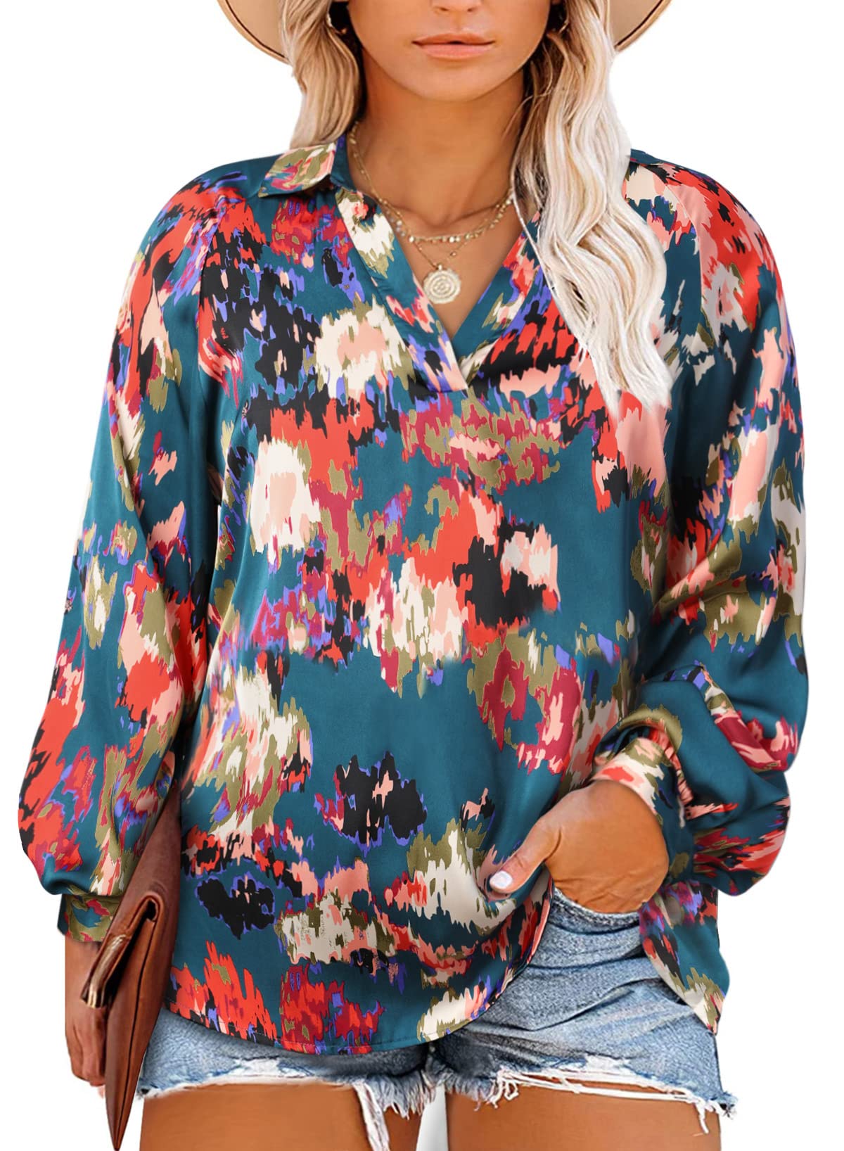 EytinoWomen Plus Size Tops Boho Floral Printed Casual V Neck Long Sleeve Drawstring Blouses Shirts(1X-5X)