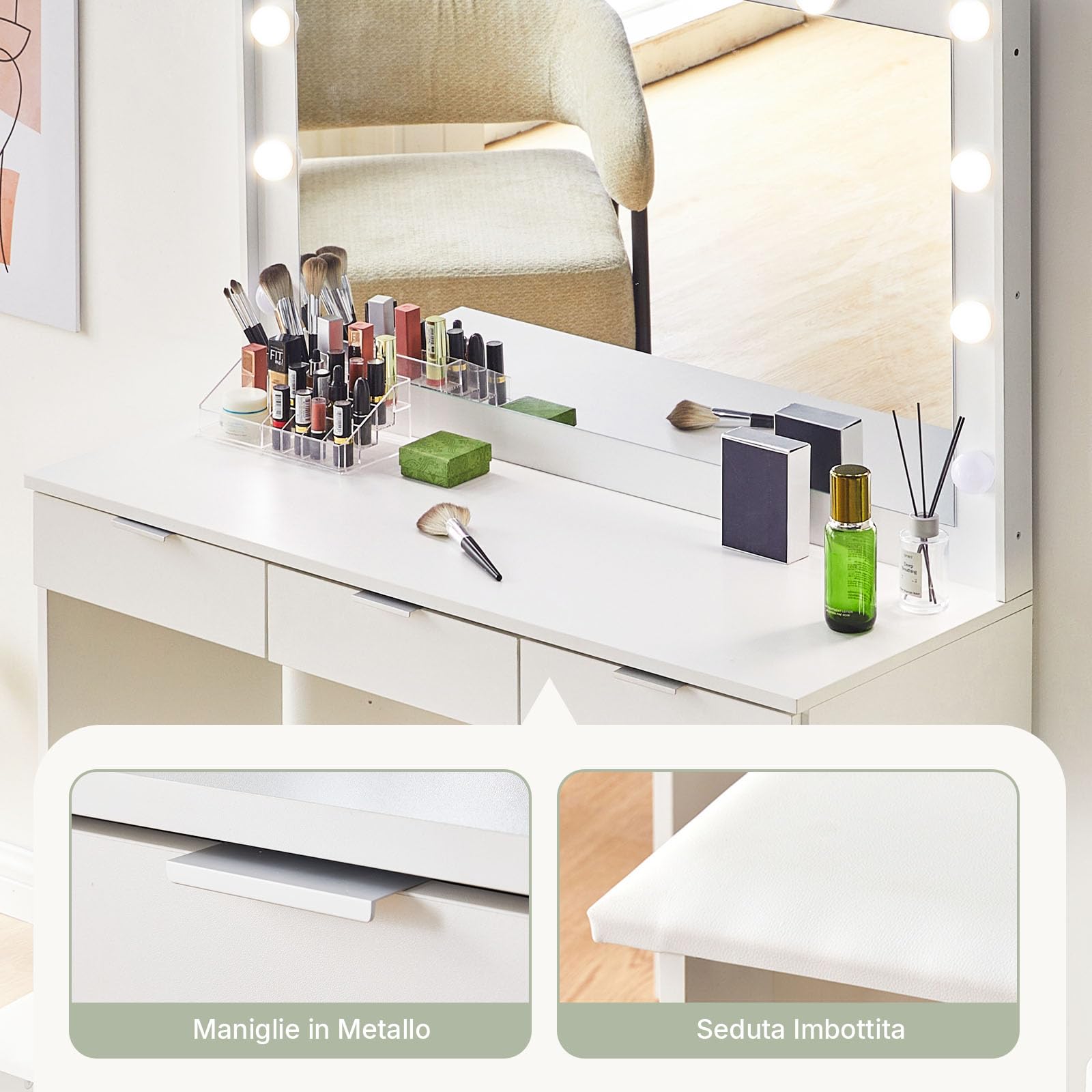 LEMROE Toeletta con Specchio LED e Sgabello, 3 Luci Regolabili, Tavolo da Trucco Bianco Moderno con 4 Cassetti e 1 Armadio, 40 x 105 x 140 cm