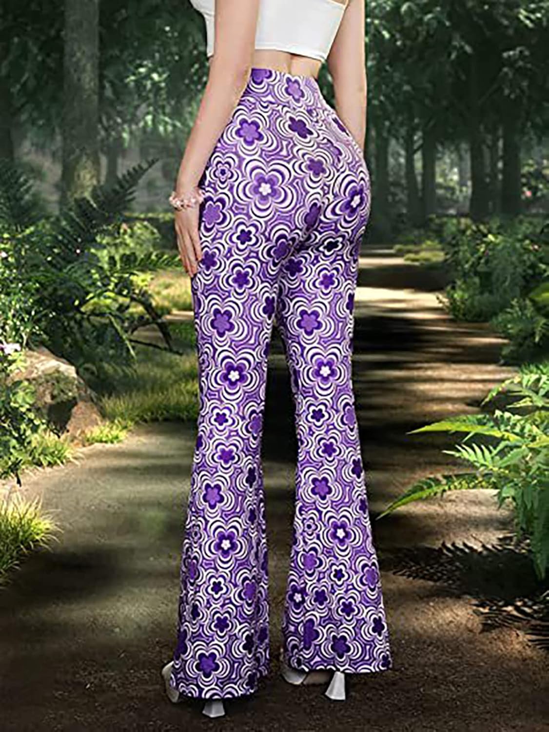 Women High Waisted Fit Flare Ethnic Paisley Floral Bell Bottoms Yoga Pants Flared Leggings - Image 3