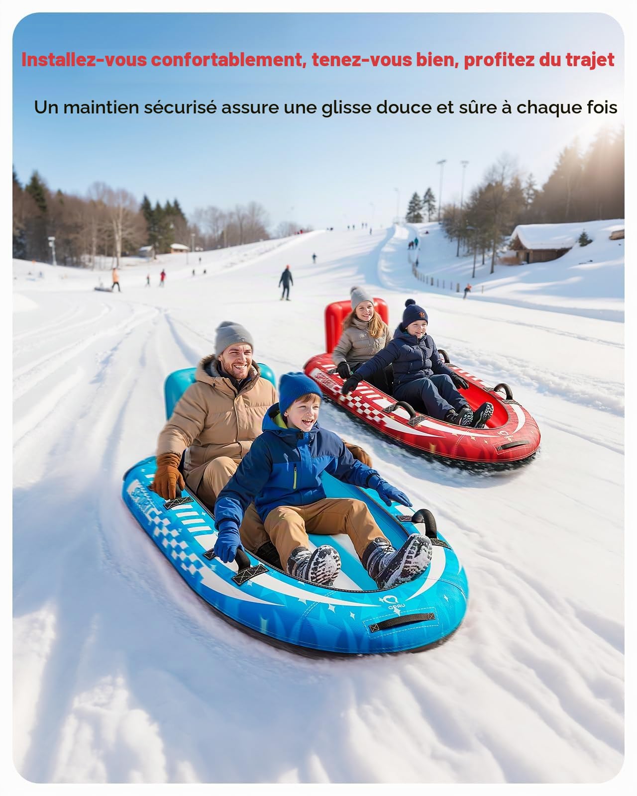 QPAU Luge à neige gonflable pour 2 personnes avec housse en toile de qualité supérieure, traîneau pneumatique robuste avec dossier et poignées renforcées, tubes à neige pour enfants et adultes, jouets