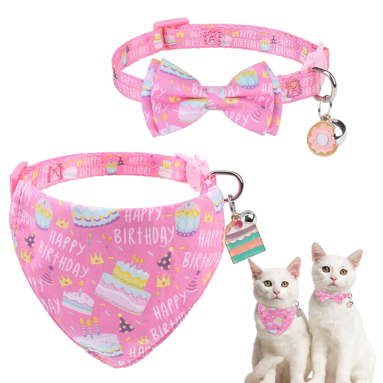 SCENEREAL Cat Bandana Collar for Birthday - 2 Pack Breakaway Kitten Collars With Bell Bowtie, Accessories for Pets, Adjustable Cute for Cats and Small