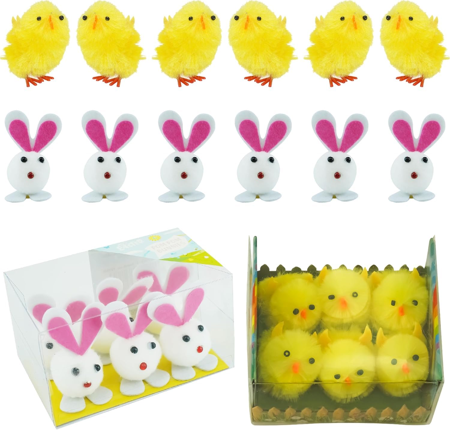 Hovuk Girls 12Pcs- Easter Decor Kit 12Pcs Easter Party Decorations – White Pom Pom Bunnies With Plush Yellow Chicks, Traditional Bonnet Decoration For Easter Window Display, Party Favors Supplies