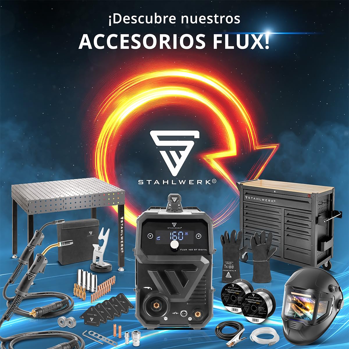 STAHLWERK Soldadora FLUX 160 ST Digital – combinada 3 en 1 con 160 A | Equipo completo con carro