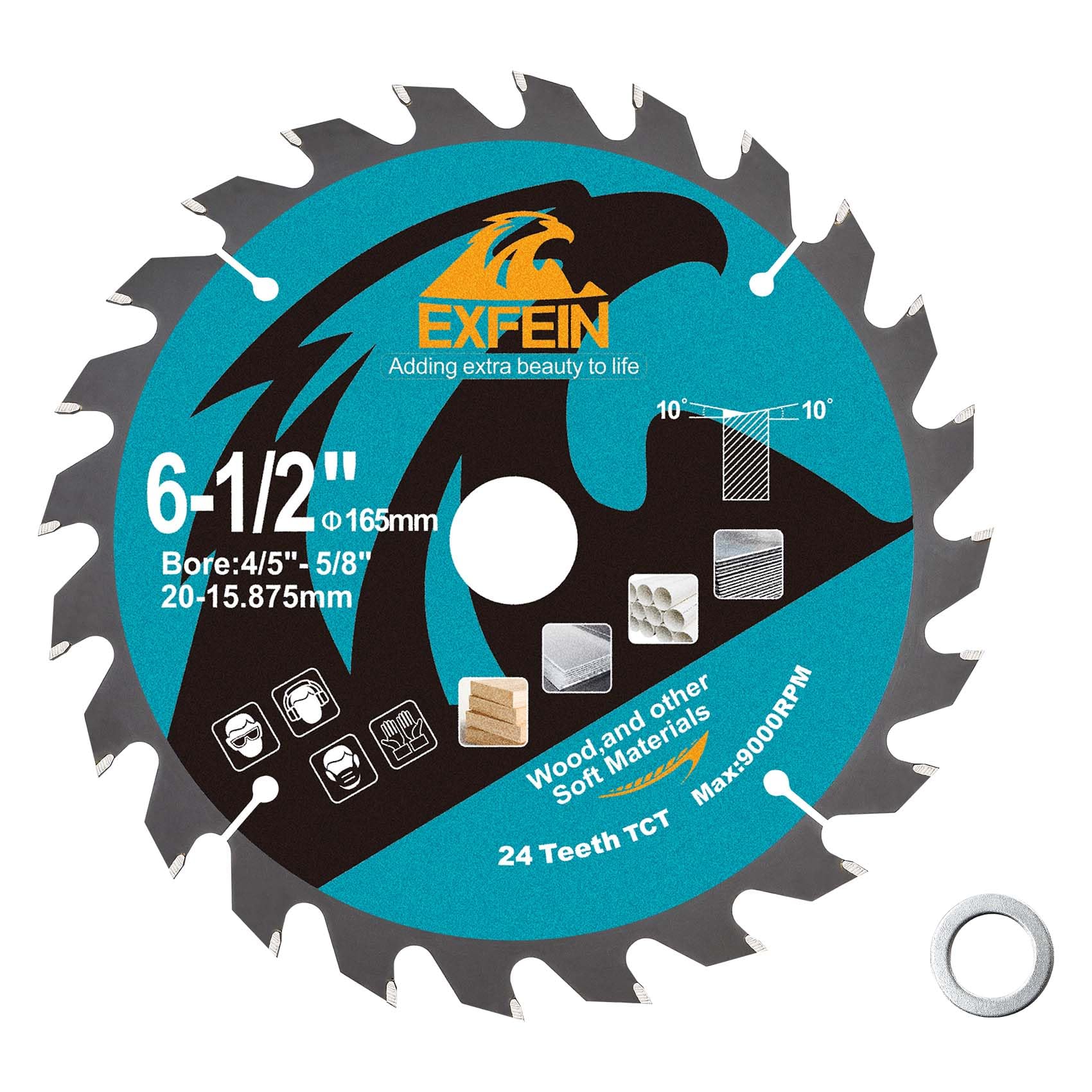 EXFEIN 165mm Wood Cutting Disc, 24 Teeth ATB TCT Fine Finish Disc with 20mm Bore for Wood Plastic