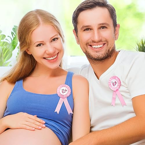 Miniatura 5 de WILLBOND 2 pines de insignia de hojalata para papá y mamá, recuerdo de fiesta de revelación de género, botones de roseta con cinta, regalos para