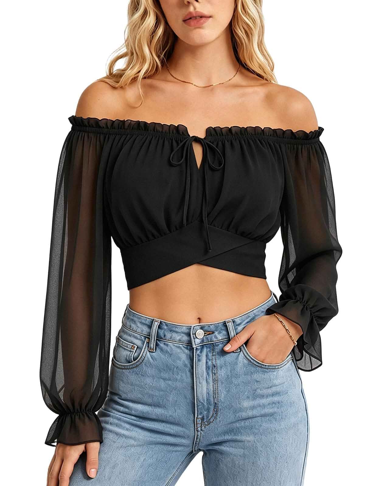 Scarlet Darkness Women Off the Shoulder Crop Tops Long Sleeve Shirt Blouse Lantern Sleeve, Tie Back, Elastic Neckline, Ideal for Casual Boho Vacation Ren Faire Pirate Party