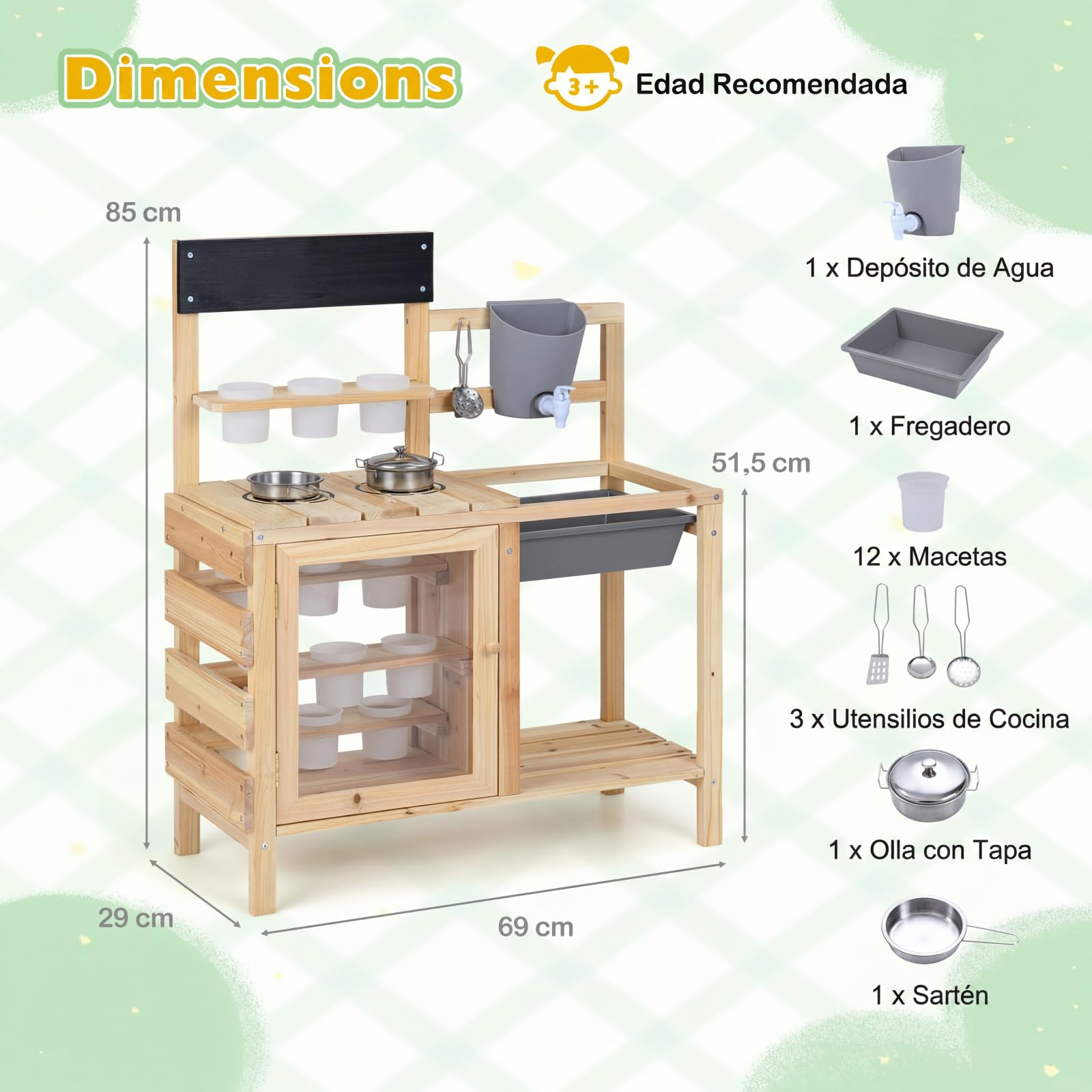 COSTWAY Cocina de Juguete Exterior, Cocinita de Madera Infantil con Fogones, Fregadero, Depósito de Agua, Macetas y Pizarra, Juego de rol de Juguete de Exterior para Niños de 3+ Años