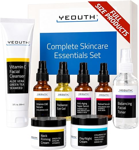 Hyaluronic Acid,Vitamin C Face Serum, Anti Aging Serum, Cleanser, Toner, Eye Gel, Neck & Face Cream, Skincare Kits for Women & Men, Skin Care Kit 8-Piece Skin Care Set by YEOUTH