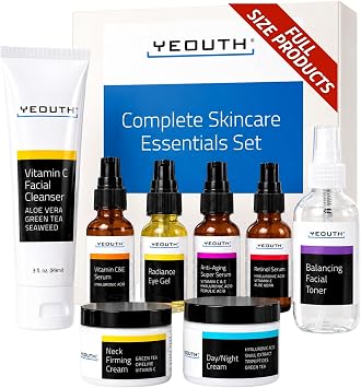 YEOUTH Skin Care Set, Skin Care Gift Set Vitamin C Facial Cleanser, Facial Toner, Vitamin C Serum, Hyaluronic Acid Serum, Super Serum, Eye Gel, Day Cream, Night Cream, Neck Cream Skin Care Travel Set 8 Pack Cosmetic Set