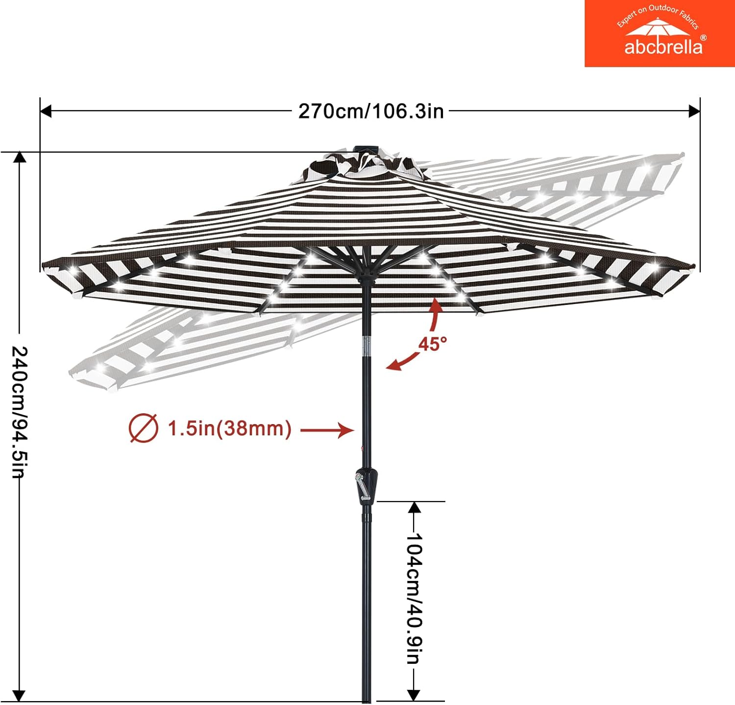 ABCCANOPY OLEFIN® 5-Year No Fading Patio Umbrella with Solar Lights (Black Stripe)