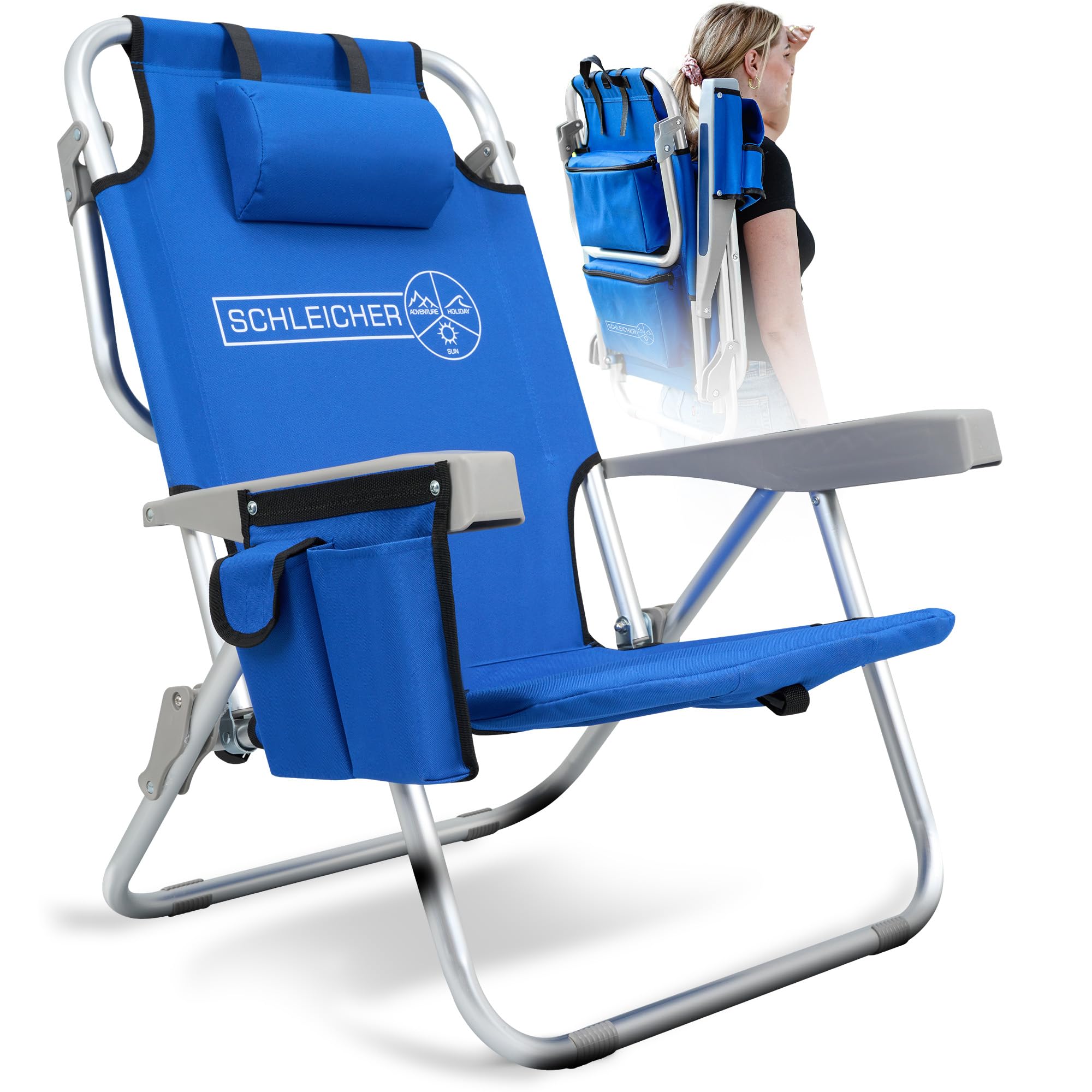Schleicher 4-in-1 Strandstuhl & Campingstuhl – Ultraleicht mit Rucksackfunktion, Kühlfach & Kissen – Belastbar bis 150kg – Faltbarer Outdoorstuhl für Strand & Reise – Ocean Blue