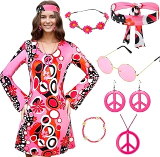 Crusward Disfraz hippie de los años 60 y 70 para mujer con vestido hippie y accesorios hippie, disfraz de los años 70 y 60 para mujer, diseño de flores, para carnaval, cosplay
