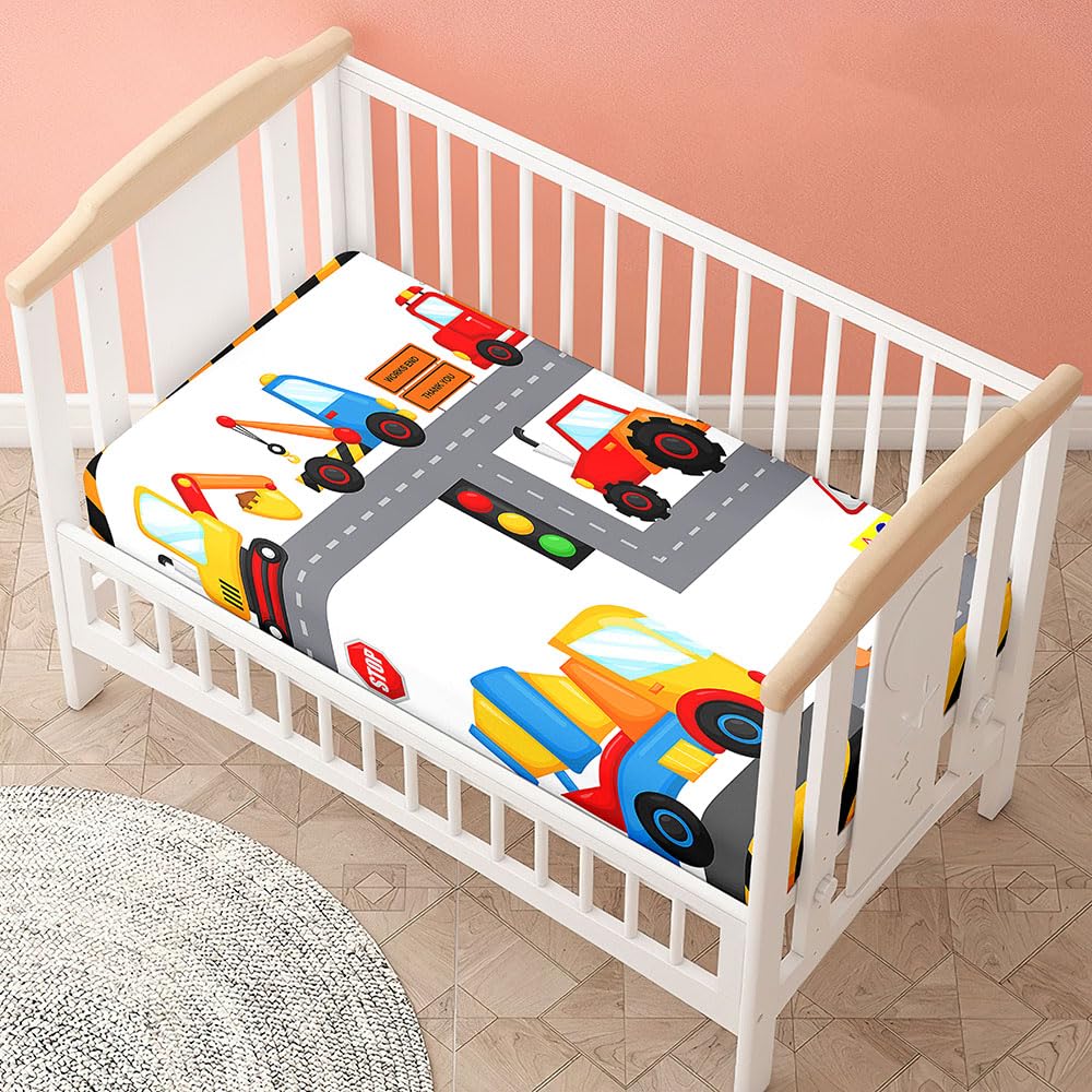 Morbuy Cot Bed Sheets, Crib Sheets for Boy and Girl, Cartoon Design Baby Bed Fitted Sheets Soft Breathable Crib Sheets for Baby, Cosy Durable and Easy Care Cot Sheets (Engineering,160x80cm)