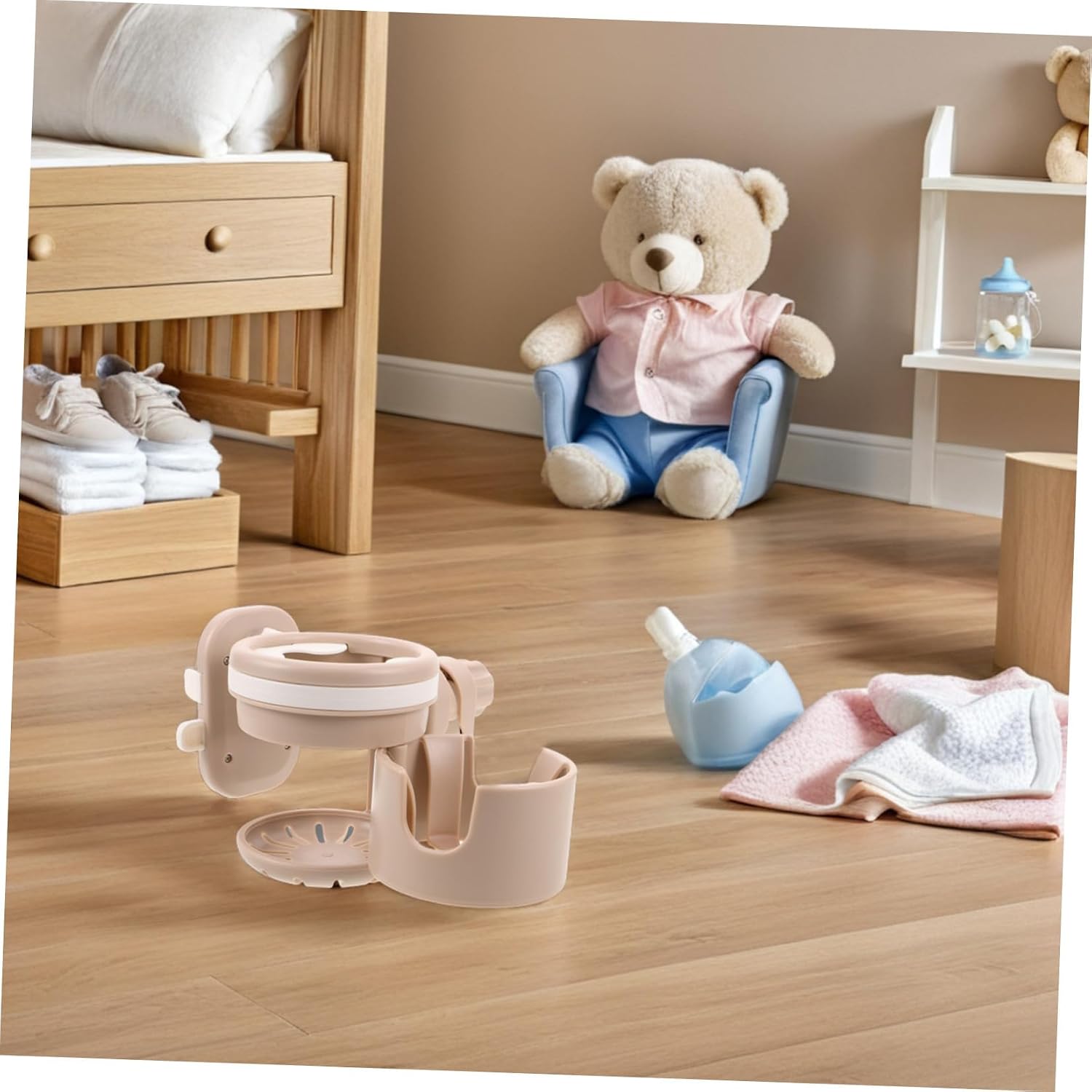 Stroller Cup Holder and Phone Holder for Parents, Removable Pram Attachment with Drink and Bottle Rack, Khaki Color, Compatible with Strollers, Wheelchairs, and Walkers, Travel