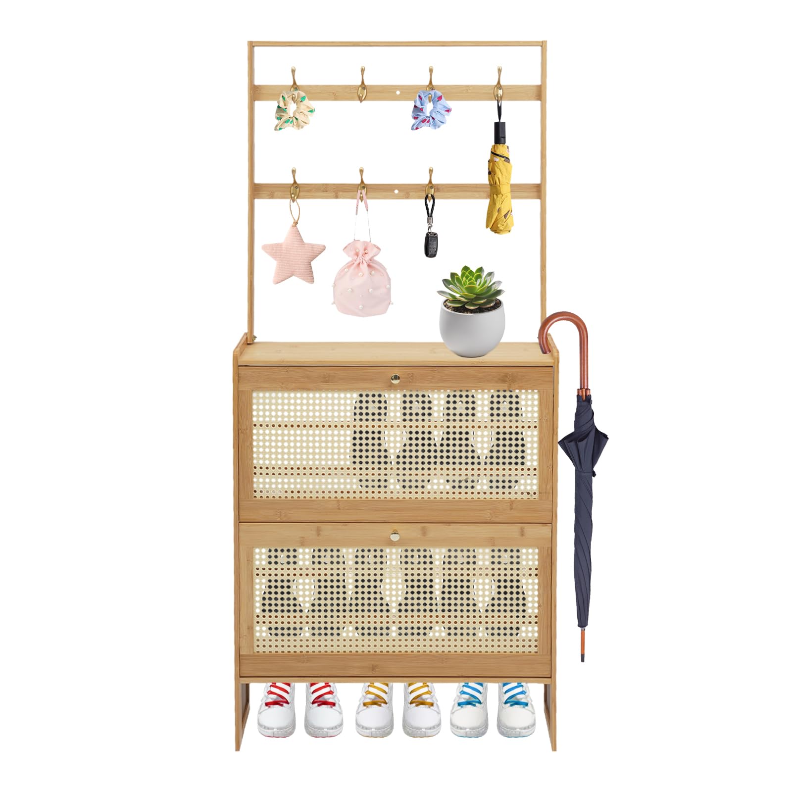Mueble de zapatos de dos niveles para almacenamiento de zapatos con puerta batiente y ganchos para zapato, bambú, estante de almacenamiento, antipolvo, para entrada/pasillo/familia